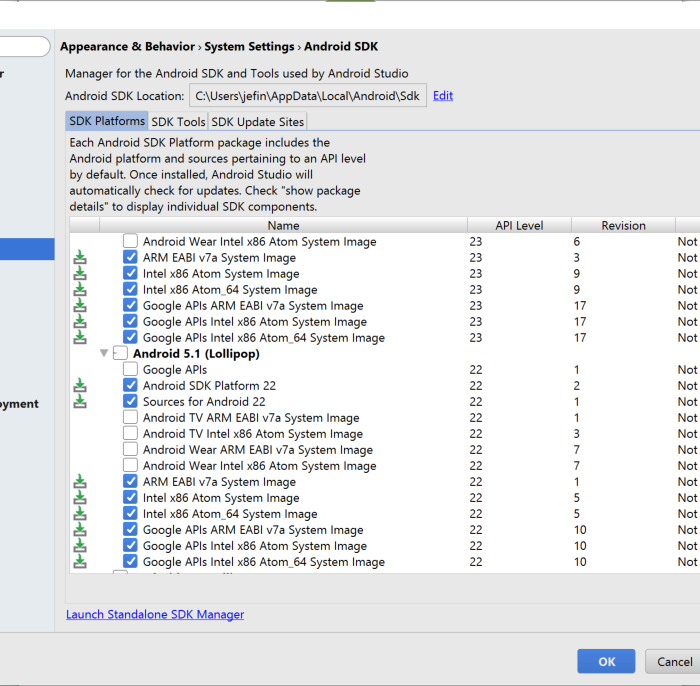 De Android SDK Manager details versie 5.1